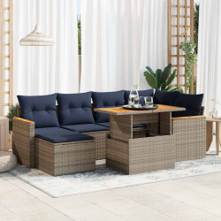 7 Pcs conjunto sofás p/ jardim c/ almofadões vime PE cinzento
