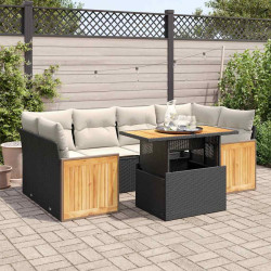 7 Pcs conjunto sofás jardim c/ almofadões vime PE/acácia preto