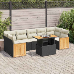 8 Pcs conjunto sofás jardim com almofadões vime PE/acácia preto