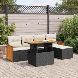 6 Pcs conjunto sofás jardim c/ almofadões vime PE/acácia preto