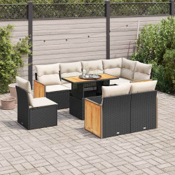 9 Pcs conjunto sofás p/ jardim almofadões vime PE/acácia preto