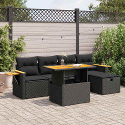 6 Pcs conjunto sofás de jardim c/ almofadões vime PE preto
