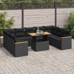 10 Pcs conjunto sofás jardim c/ almofadões vime PE/acácia preto