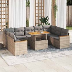 10 Pcs conj. sofás p/ jardim c/ almofadões vime PE/acácia bege