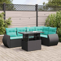 6 Pcs conjunto sofás jardim c/ almofadões vime PE/acácia preto