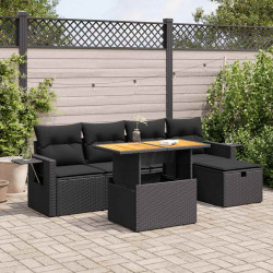 6 Pcs conjunto sofás jardim c/ almofadões vime PE/acácia preto