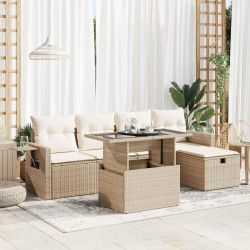 6 Pcs conjunto de sofás p/ jardim com almofadões vime PE bege