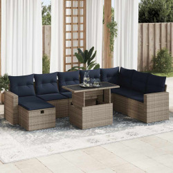 9 Pcs conj. sofás jardim c/ almofadões vime PE cinzento