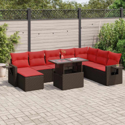 9 Pcs conj. sofás jardim c/ almofadões vime PE/acácia castanho