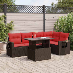 6 Pcs conj. sofás jardim c/ almofadões vime PE/acácia castanho
