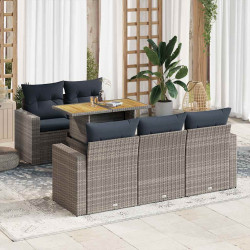 6 Pcs conjunto sofás de jardim com almofadões vime cinzento