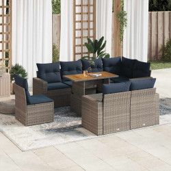9 Pcs conjunto sofás p/ jardim com almofadões vime PE cinzento