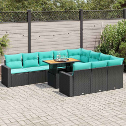 11 Pcs conjunto sofás de jardim c/ almofadões vime PE preto