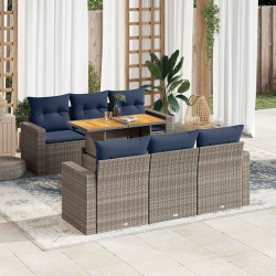 7 Pcs conjunto sofás p/ jardim c/ almofadões vime PE cinzento