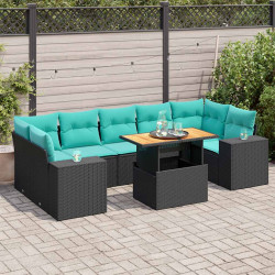 8 Pcs conjunto sofás de jardim com almofadões vime PE preto