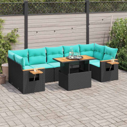 8 Pcs conjunto sofás de jardim com almofadões vime PE preto