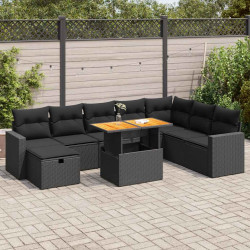 9 Pcs conjunto sofás jardim c/ almofadões vime PE/acácia preto
