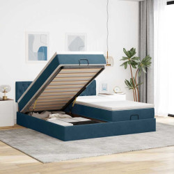 Estrutura de cama otomana com colchão azul escuro veludo
