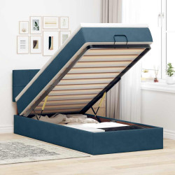 Estrutura cama otomana com colchão azul escuro 90x190cm veludo