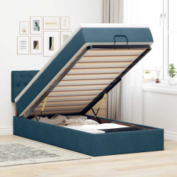 Estrutura de cama otomana com colchão azul escuro veludo