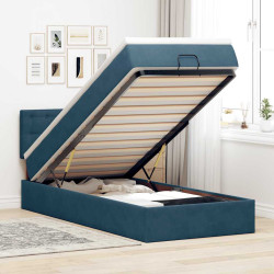 Estrutura de cama otomana com colchão azul escuro veludo