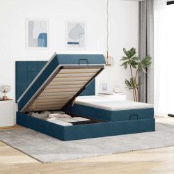 Estrutura de cama otomana com colchão azul escuro veludo