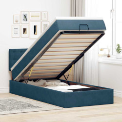 Estrutura de cama otomana com colchão azul escuro veludo