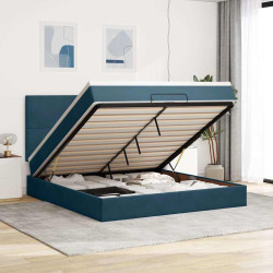Estrutura de cama otomana com colchão azul escuro veludo