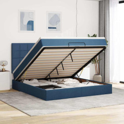 Estrutura de cama otomana com tecido azul colchão 180x200cm