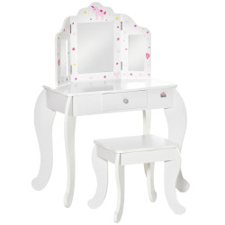 Toucador Infantil de Madeira com Banco e Espelho de Acrílico de 2 Sessões Mesa de Maquilhagem Infantil com Gaveta para Dormitóri