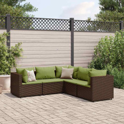 5 Pcs conjunto lounge jardim c/ almofadões vime PE castanho