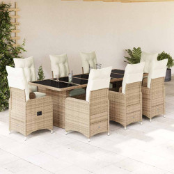 9 Pcs conjunto de bistrô para jardim c/ almofadões vime PE bege