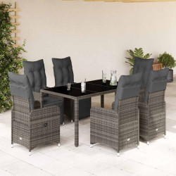 7 Pcs conjunto bistrô de jardim c/ almofadões vime PE cinza