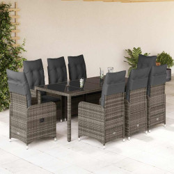 9 Pcs conjunto bistrô de jardim c/ almofadões vime PE cinzento