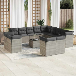 14 Pcs conj. sofás jardim com almofadões vime PE cinzento-claro