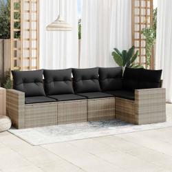 5 Pcs conj. sofás jardim c/ almofadões vime PE cinzento-claro