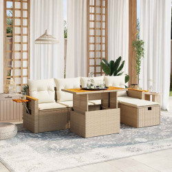 6 Pcs conjunto de sofás p/ jardim com almofadões vime PE bege