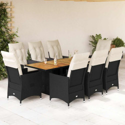 9 Pcs conjunto de jantar p/ jardim c/ almofadões vime PE preto