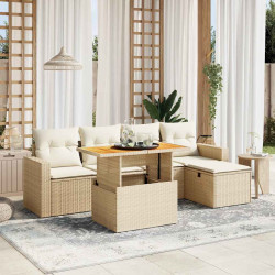 6 Pcs conjunto de sofás p/ jardim com almofadões vime PE bege