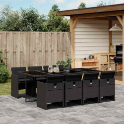 9 Pcs conjunto de jantar p/ jardim c/ almofadões vime PE preto