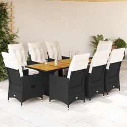 9 Pcs conjunto de jantar p/ jardim c/ almofadões vime PE preto