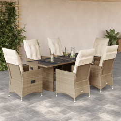 7 Pcs conjunto de jantar p/ jardim com almofadões vime PE bege