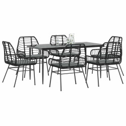 Conjunto de jantar jardim 7 peças almofadas vidro vime PE preto