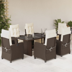 7 Pcs conjunto jantar p/ jardim c/ almofadões vime PE castanho