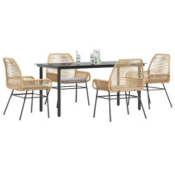 Conjunto jantar jardim 5 peças almofadas vidro vime PE castanho