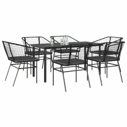 Conjunto de jantar jardim 7 peças almofadas vidro vime PE preto
