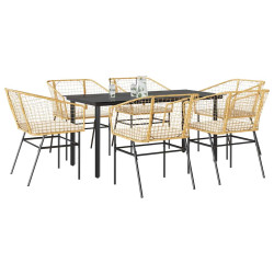 Conjunto jantar jardim 7 peças almofadas vidro vime PE castanho