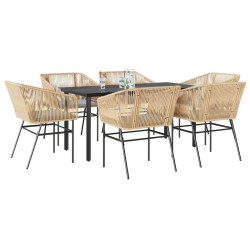 Conjunto jantar jardim 7 peças almofadas vidro vime PE castanho