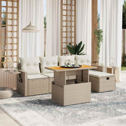 6 Pcs conjunto de sofás p/ jardim com almofadões vime PE bege