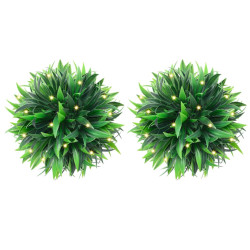 Bolas artificiais de buxo com luzes LED 2 pcs verde 20 cm